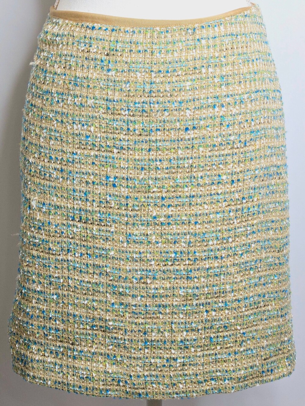 Ann Taylor Tweed Bouclé Pencil Skirt Beige Blue Gold Metallic Textured Lined 10